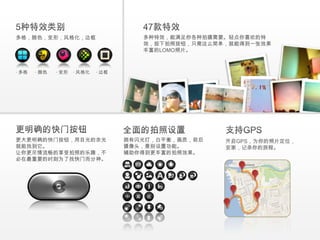 多格，颜色，变形，风格化，边框                        多种特效，能满足你各种拍摄需要。轻点你喜欢的特
                                       效，按下拍照按钮，只需这么简单，就能得到一张效果
                                       丰富的LOMO照片。



· 多格   · 颜色   · 变形   · 风格化   · 边框




更大更明确的快门按钮，用目光的余光                   拥有闪光灯，白平衡，画质，前后   开启GPS，为你的照片定位，
就能找到它。                              摄像头，景别设置功能。       安家，记录你的旅程。
让你更尽情流畅的享受拍照的乐趣，不                   辅助你得到更丰富的拍照效果。
必在最重要的时刻为了找快门而分神。
 