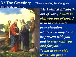3.* The Greeting:     There entering in, she gave
Elizabeth greeting.
                          “As I visited Elizabeth
                          out of love, I wish to
                          visit you out of love. I
                          wish to come into
                          your situation
                          whatever it may be: to
                          be present with you
                          and to pray with you
                          and for you.”
                          “I am at your side
                          when you pray.”
 