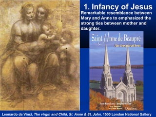 1. Infancy of Jesus
                                               Remarkable resemblance between
                                               Mary and Anne to emphasized the
                                               strong ties between mother and
                                               daughter.




                                                                         Quebec.
Leonardo da Vinci, The virgin and Child, St. Anne & St. John. 1500 London National Gallery
 