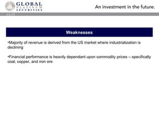 Weaknesses Majority of revenue is derived from the US market where industrialization is declining Financial performance is heavily dependant upon commodity prices – specifically coal, copper, and iron ore SWOT 
