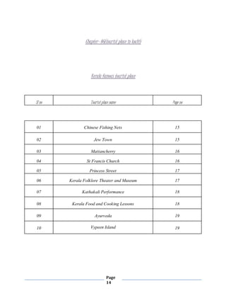 Page
14
Chapter- 06(tourist place in kochi)
Kerala famous tourist place
Sl no Tourist place name Page no
01 Chinese Fishing Nets 15
02 Jew Town 15
03 Mattancherry 16
04 St Francis Church 16
05 Princess Street 17
06 Kerala Folklore Theater and Museum 17
07 Kathakali Performance 18
08 Kerala Food and Cooking Lessons 18
09 Ayurveda 19
10 Vypeen Island 19
 