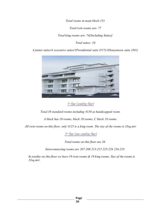 Page
30
Total rooms in main block-151
Total twin rooms are- 77
Total king rooms are- 74[Including Suites]
Total suites- 10
4 junior suites/4 executive suites/1Presidential suite (517)/1Honeymoon suite (501)
1st floor (smoking floor)
Total 38 standard rooms including #138 as handicapped room.
A block has 10 rooms, block 10 rooms, C block 18 rooms.
All twin rooms on this floor, only #125 is a king room. The size of the rooms is 33sq.mtr
2nd floor (non-smoking floor)
Total rooms on this floor are 38.
Interconnecting rooms are 207-208 213-215 225-226 234-235.
In totality on this floor we have 19 twin rooms & 19 king rooms. Size of the rooms is
33sq.mtr.
 
