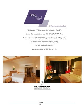 Page
32
4th floor (non-smoking floor)
Total rooms 22.Interconnecting rooms are 420-421.
Rooms having a balcony are 407 409 411 413 415 417.
Junior suites are 407 409 411 413, garden facing. (67.28sq. mtr.)
Executive suites are 401 421(pool facing)
No twin rooms on this floor.
Executive rooms on this floor are 16.
 