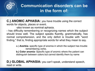 Communication disorders can be
in the form of:
C.) ANOMIC APHASIA: you have trouble using the correct
words for objects, places or event.
-also known as nominal aphasia.
- has difficulty remembering or recognizing names which the subject
should know well. The subject speaks fluently, grammatically, has
normal comprehension, and the only deficit is trouble with "word
finding," that is, finding appropriate words for what they mean to say.
a.) Averbia- specific type of anomia in which the subject has trouble
remembering verbs.
b.) Color anomia- Specific type of anomic where the patient can
distinguish between colors but cannot identify them by name
D.) GLOBAL APHASIA: you can't speak, understand speech,
read or write.
 