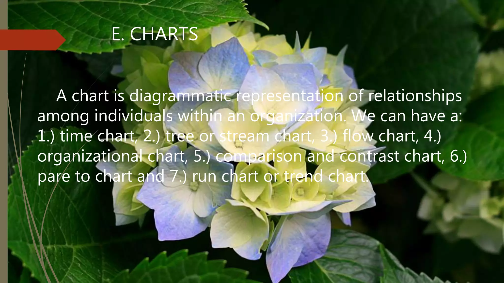 E. CHARTS
A chart is diagrammatic representation of relationships
among individuals within an organization. We can have a:
1.) time chart, 2.) tree or stream chart, 3.) flow chart, 4.)
organizational chart, 5.) comparison and contrast chart, 6.)
pare to chart and 7.) run chart or trend chart.
 