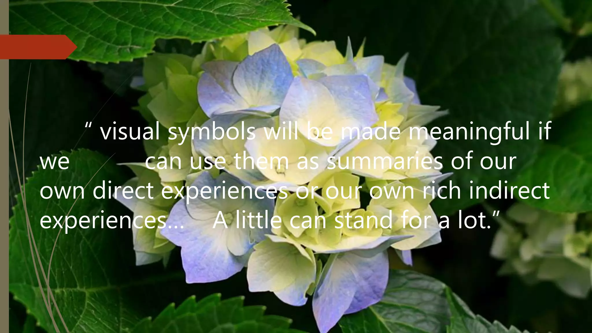 “ visual symbols will be made meaningful if
we can use them as summaries of our
own direct experiences or our own rich indirect
experiences… A little can stand for a lot.”
 