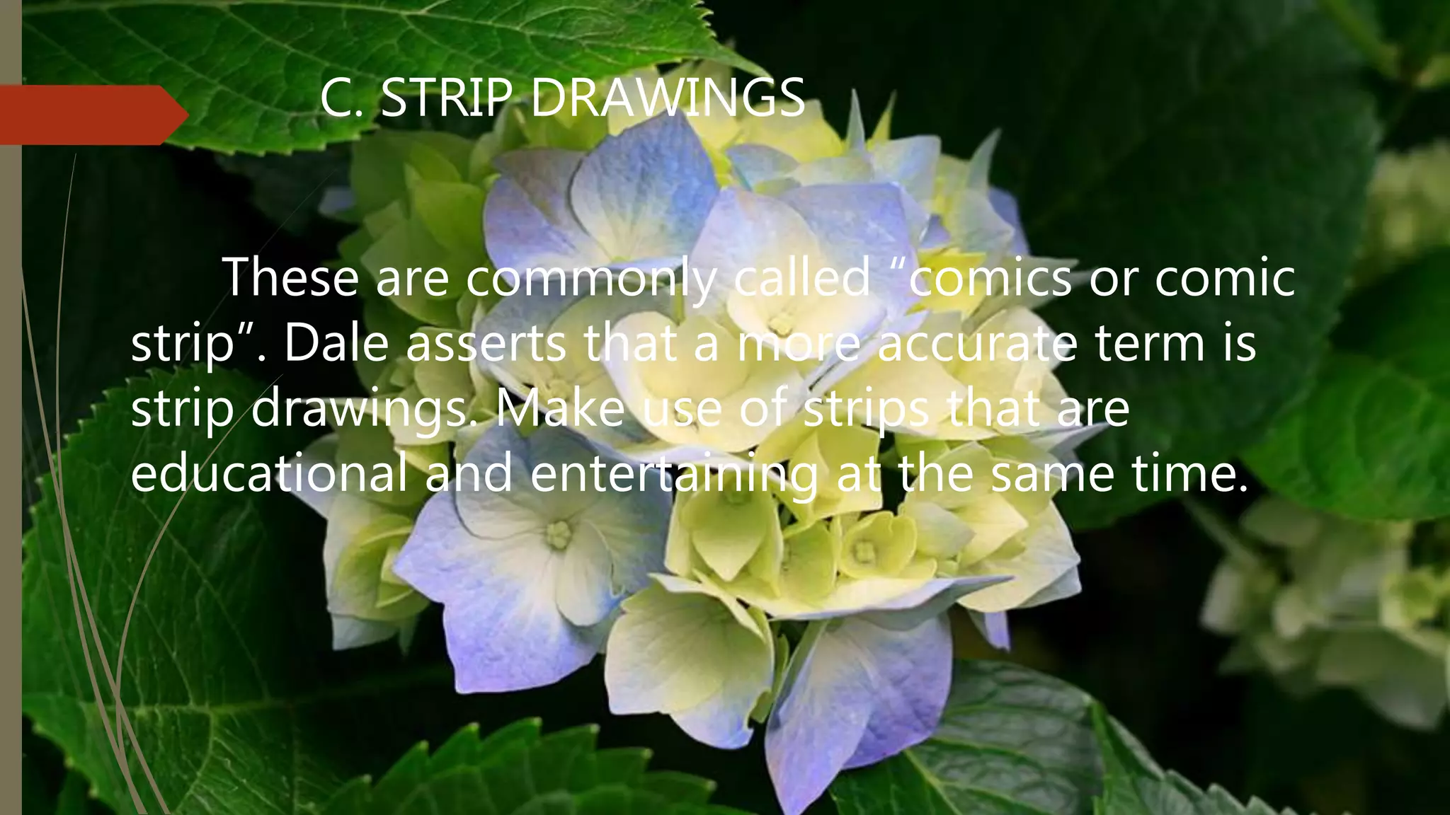 C. STRIP DRAWINGS
These are commonly called “comics or comic
strip”. Dale asserts that a more accurate term is
strip drawings. Make use of strips that are
educational and entertaining at the same time.
 