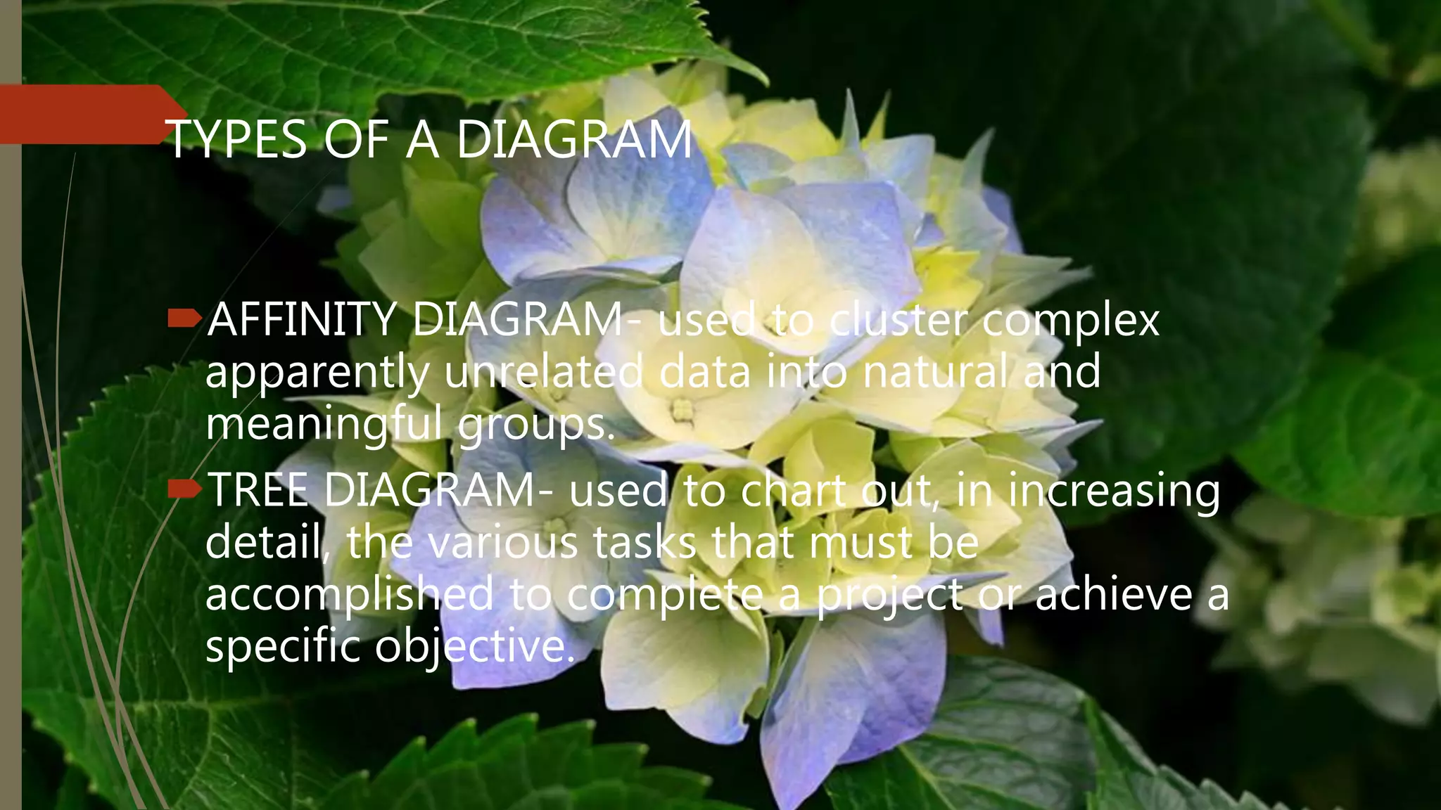 TYPES OF A DIAGRAM
AFFINITY DIAGRAM- used to cluster complex
apparently unrelated data into natural and
meaningful groups.
TREE DIAGRAM- used to chart out, in increasing
detail, the various tasks that must be
accomplished to complete a project or achieve a
specific objective.
 