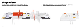 6 7
With its mobile and modular structure, Joyn adapts spontaneously to changing demands and technologies.
It initiates new, productive forms of work based on communication and cooperation.
The platform
Joyn condenses a diversity of spatial functions on a single plane: The platform is the office.
But Joyn is more than just a piece of office furniture, it’s a management tool for cultural change.
 