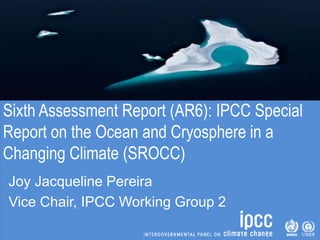 Sixth Assessment Report (AR6): IPCC Special
Report on the Ocean and Cryosphere in a
Changing Climate (SROCC)
Joy Jacqueline Pereira
Vice Chair, IPCC Working Group 2
 
