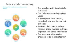 Safe social connecting
- Can populate with 6 contacts for
fast access
- Can call contacts during JoyPop
usage
- If no response from contact,
come back into app (i.e., do not
exit app)
- Back-end data does not show
name of phone number, just type
of person that called and if called
- Can be a means for service
providers to be in the safety net
 