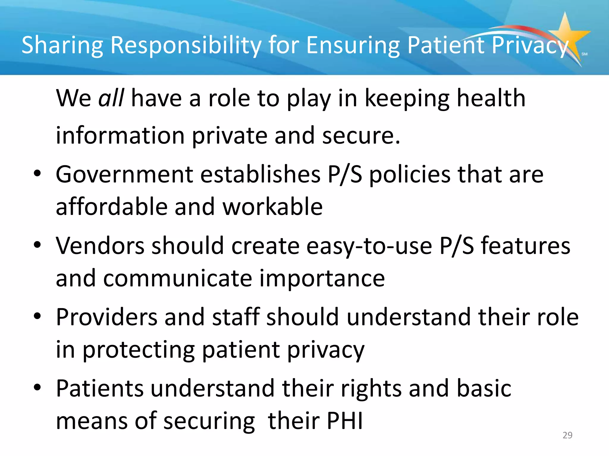 Sharing Responsibility for Ensuring Patient Privacy
     We all have a role to play in keeping health
     information private and secure.
 •   Government establishes P/S policies that are
     affordable and workable
 •   Vendors should create easy-to-use P/S features
     and communicate importance
 •   Providers and staff should understand their role
     in protecting patient privacy
 •   Patients understand their rights and basic
     means of securing their PHI                   29
 