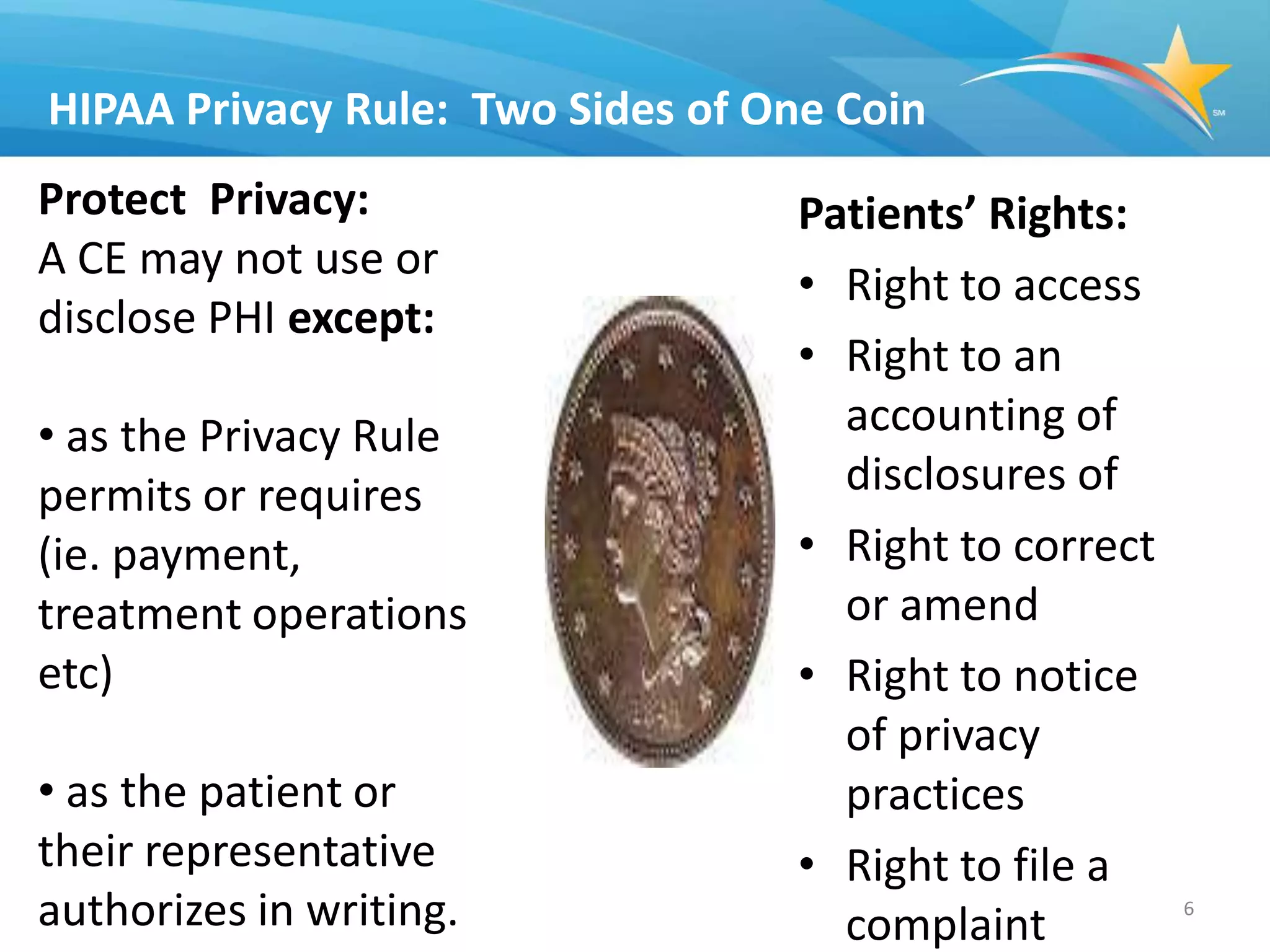 HIPAA Privacy Rule: Two Sides of One Coin
Protect Privacy:                  Patients’ Rights:
A CE may not use or
                                  • Right to access
disclose PHI except:
                                  • Right to an
• as the Privacy Rule               accounting of
permits or requires                 disclosures of
(ie. payment,                     • Right to correct
treatment operations                or amend
etc)                              • Right to notice
                                    of privacy
• as the patient or                 practices
their representative              • Right to file a
authorizes in writing.              complaint
                                                       6
 