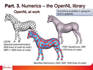 Part. 3. Numerics – the OpenNL library
OpenNL at work
LSCM,
Spectral parameterization.
(600 lines of code for both)
ABF++ ...