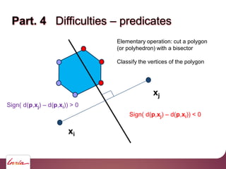 Part. 4 Difficulties – predicates
xi
xj
Elementary operation: cut a polygon
(or polyhedron) with a bisector
Classify the vertices of the polygon
Sign( d(p,xj) – d(p,xi)) > 0
Sign( d(p,xj) – d(p,xi)) < 0
 