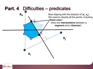 Part. 4 Difficulties – predicates
xi
xj
xk Now clipping with the bisector of (xi, xk)
We need to classify all the points, including
these ones !
(they are intersections between a
segment and a bisector)
 