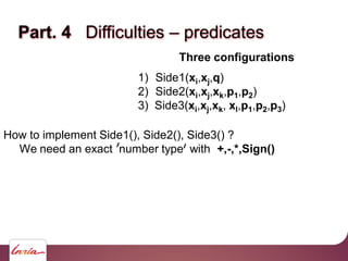Part. 4 Difficulties – predicates
Three configurations
1) Side1(xi,xj,q)
2) Side2(xi,xj,xk,p1,p2)
3) Side3(xi,xj,xk, xl,p1,p2,p3)
How to implement Side1(), Side2(), Side3() ?
We need an exact number type with +,-,*,Sign()
 