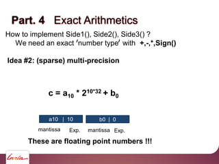 Part. 4 Exact Arithmetics
How to implement Side1(), Side2(), Side3() ?
We need an exact number type with +,-,*,Sign()
Idea...