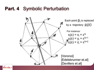 [Voronoi]
[Edelsbrunner et.al]
[Devillers et.al]
Part. 4 Symbolic Perturbation
Each point pi is replaced
by a trajectory p...