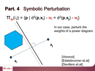 xi
xj
πw(i,j) = {p | d2(p,xi) - wi = d2(p,xj) - wj}
[Voronoi]
[Edelsbrunner et.al]
[Devillers et.al]
Part. 4 Symbolic Perturbation
In our case, perturb the
weights of a power diagram.
 