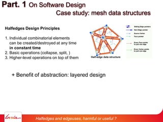 + Benefit of abstraction: layered design
Part. 1 On Software Design
Case study: mesh data structures
Halfedges Design Principles
1. Individual combinatorial elements
can be created/destroyed at any time
in constant time
2. Basic operations (collapse, split, )
3. Higher-level operations on top of them
Halfedges and edgeuses, harmful or useful ?
 