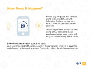 03
How Does it Happen?
Settlements are made in EUROs via SEPA.
Joys exchanges digital financial assets in the jurisdiction where it is governed
and allowed by the applicable laws. Conversion takes place in licensed entities.
Buyers pay for goods and services
using their smartphone with
QR codes. And you receive your
local currency to your settlement
account.
The arrangements are as if tourists
using a USD bank card make
purchases in your store — you sell
for your local currency all the same.
 