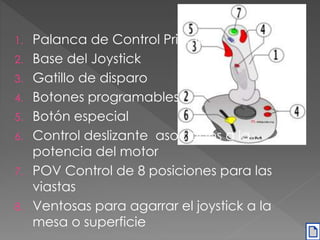 1. Palanca de Control Principal 
2. Base del Joystick 
3. Gatillo de disparo 
4. Botones programables 
5. Botón especial 
6. Control deslizante asociados a la 
potencia del motor 
7. POV Control de 8 posiciones para las 
viastas 
8. Ventosas para agarrar el joystick a la 
mesa o superficie 
 