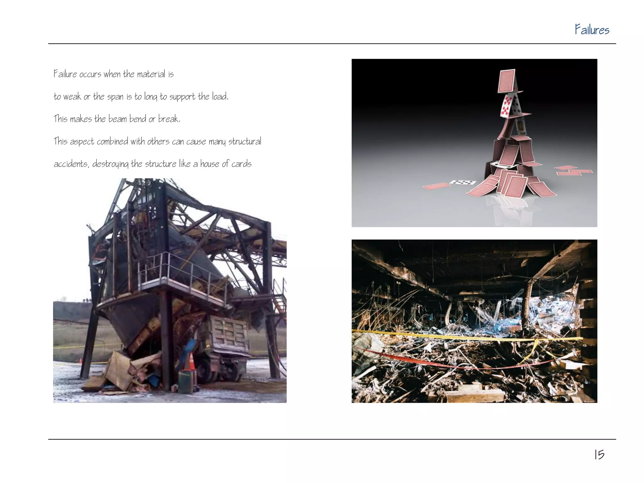 Failure occurs when the material is
to weak or the span is to long to support the load.
This makes the beam bend or break.
This aspect combined with others can cause many structural
accidents, destroying the structure like a house of cards
15
 