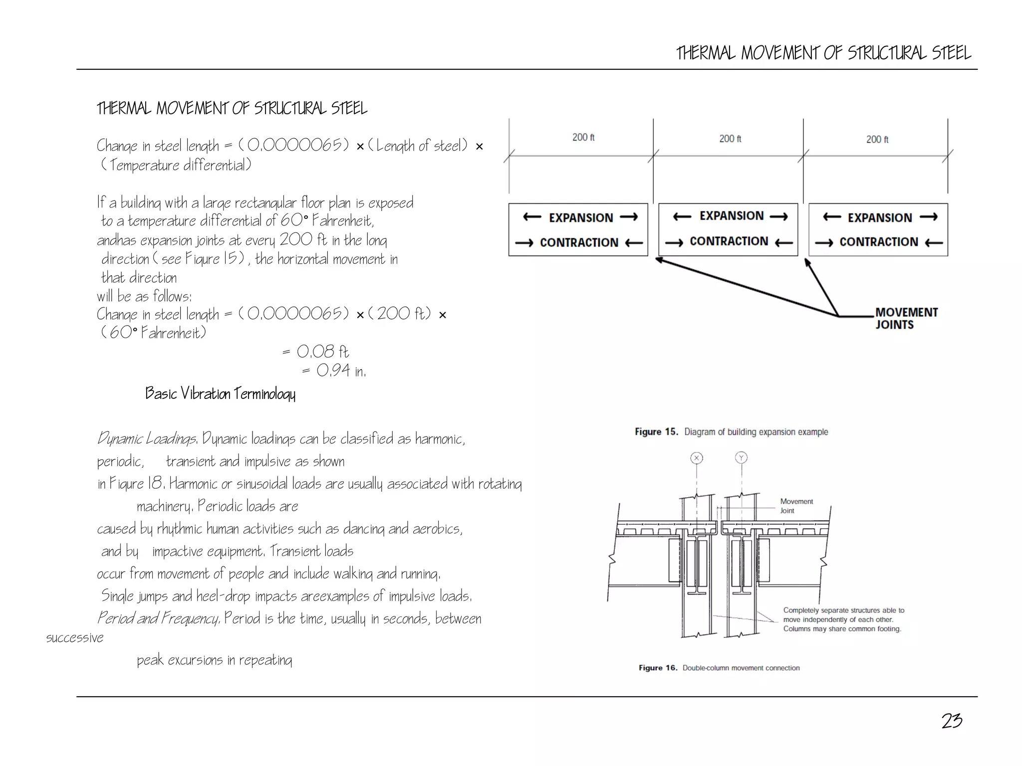 23
THERMAL MOVEMENT OF STRUCTURAL STEEL
THERMAL MOVEMENT OF STRUCTURAL STEEL
Change in steel length = (0.0000065) × (Length of steel) ×
(Temperature differential)
If a building with a large rectangular floor plan is exposed
to a temperature differential of 60° Fahrenheit,
andhas expansion joints at every 200 ft in the long
direction (see Figure 15), the horizontal movement in
that direction
will be as follows:
Change in steel length = (0.0000065) × (200 ft) ×
(60° Fahrenheit)
= 0.08 ft
= 0.94 in.
Basic Vibration Terminology
Dynamic Loadings. Dynamic loadings can be classified as harmonic,
periodic, transient and impulsive as shown
in Figure 18. Harmonic or sinusoidal loads are usually associated with rotating
machinery. Periodic loads are
caused by rhythmic human activities such as dancing and aerobics,
and by impactive equipment. Transient loads
occur from movement of people and include walking and running.
Single jumps and heel-drop impacts areexamples of impulsive loads.
Period and Frequency. Period is the time, usually in seconds, between
successive
peak excursions in repeating
 