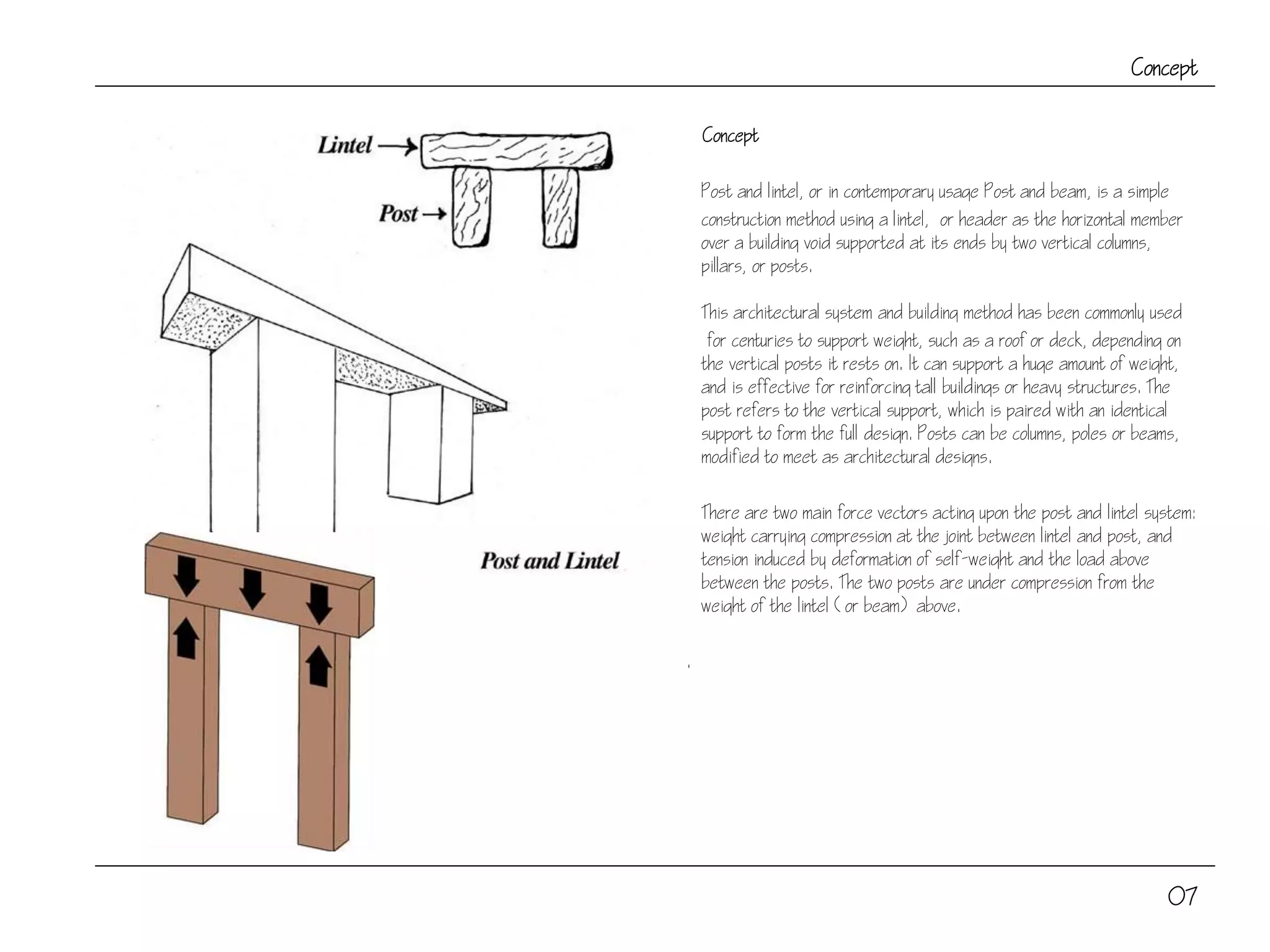 Concept
Concept
Post and lintel, or in contemporary usage Post and beam, is a simple
construction method using a lintel, or header as the horizontal member
over a building void supported at its ends by two vertical columns,
pillars, or posts.
This architectural system and building method has been commonly used
for centuries to support weight, such as a roof or deck, depending on
the vertical posts it rests on. It can support a huge amount of weight,
and is effective for reinforcing tall buildings or heavy structures. The
post refers to the vertical support, which is paired with an identical
support to form the full design. Posts can be columns, poles or beams,
modified to meet as architectural designs.
There are two main force vectors acting upon the post and lintel system:
weight carrying compression at the joint between lintel and post, and
tension induced by deformation of self-weight and the load above
between the posts. The two posts are under compression from the
weight of the lintel (or beam) above.
.
07
 