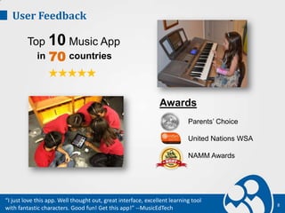 User Feedback
8
★★★★★
Top 10 Music App
in countries70
Awards
Parents’ Choice
United Nations WSA
NAMM Awards
“I just love this app. Well thought out, great interface, excellent learning tool
with fantastic characters. Good fun! Get this app!” --MusicEdTech
 
