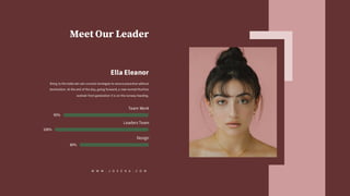 Meet Our Leader
W W W . J O Z E K A . C O M
Ella Eleanor
Bring to the table win-win survival strategies to ensure proactive without
domination. At the end of the day, going forward, a new normal thathas
evolved from generation X is on the runway heading.
Team Work
Leaders Team
Design
95%
100%
80%
 