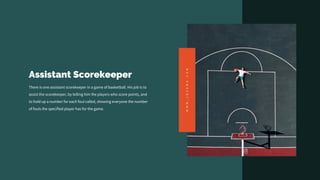 Assistant Scorekeeper
There is one assistant scorekeeper in a game of basketball. His job is to
assist the scorekeeper, by telling him the players who score points, and
to hold up a number for each foul called, showing everyone the number
of fouls the specified player has for the game.
W
W
W
.
J
O
Z
E
M
A
.
C
O
M
 