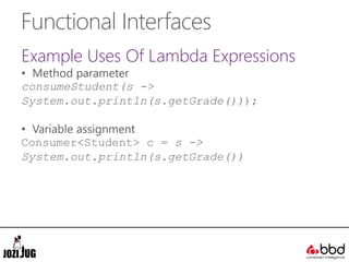 Functional Interfaces
Example Uses Of Lambda Expressions
• Method parameter
consumeStudent(s ->
System.out.println(s.getGrade()));
• Variable assignment
Consumer<Student> c = s ->
System.out.println(s.getGrade())
 