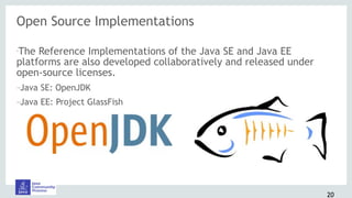 Open Source Implementations
•The Reference Implementations of the Java SE and Java EE
platforms are also developed collaboratively and released under
open-source licenses.
–Java SE: OpenJDK
–Java EE: Project GlassFish
20
 