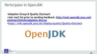 Participate in OpenJDK
44
•Adoption Group & Quality Outreach
•Join mail list prior to sending feedback: http://mail.openjdk.java.net/
mailman/listinfo/adoption-discuss
•https://wiki.openjdk.java.net/display/quality/Quality+Outreach
 