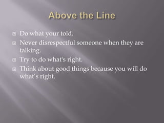  Do what your told.
 Never disrespectful someone when they are
talking.
 Try to do what's right.
 Think about good things because you will do
what’s right.
 