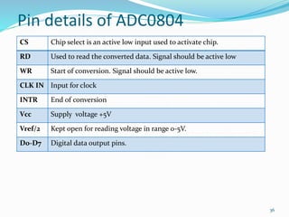 36 
Pin details of ADC0804 
CS Chip select is an active low input used to activate chip. 
RD Used to read the converted data. Signal should be active low 
WR Start of conversion. Signal should be active low. 
CLK IN Input for clock 
INTR End of conversion 
Vcc Supply voltage +5V 
Vref/2 Kept open for reading voltage in range 0-5V. 
D0-D7 Digital data output pins. 
 