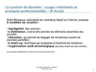 Rohit Bhargava, spécialiste du marketing digital sur Internet, propose
5 modèles de curation :
l’agrégation des sources ;
la distillation, c’est-à-dire prendre les éléments essentiels des
sources;
l’élévation, qui permet de dégager les tendances à partir de
données partielles ;
le mash-up, technique qui juxtapose et fusionne les contenus ;
l’organisation anté-chronologique (du plus récent au plus ancien).
http://www.rohitbhargava.com/2009/09/manifesto-for-the-content-curator-the-next-big-social-media-job-of-the-future.html
La curation de données - JP Accart -
22.01.2015 - Lyon
5
 