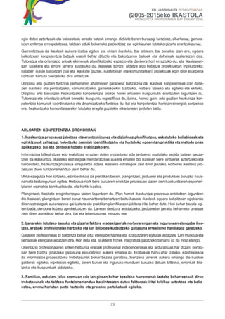 XIII. JARDUNALDI PEDAGOGIKOAK

                                                                       (2005-2015eko IKASTOLA
                                                                          HEZKUNTZA PROPOSAMEN BAT ERAIKITZEN)




egin duten aztertzeak eta balioesteak arrasto batzuk emango dizkiete beren buruzagi funtzioaz, elkarlanaz, gainera-
koen erritmoa errespetatzeaz, taldean eduki beharreko pazientziaz eta eginkizunari lotutako gizarte erantzukizunaz.
Garrantzitsua da ikasleek aukera izatea egiten eta ekiten ikasteko, bai taldean, bai banaka; izan ere, egoera
bakoitzean konpetentzia batzuk erabili behar dituzte eta bakoitzaren balioak eta dohainak azaleratzen dira.
Tutoretza eta orientazio arloak ekimenak planifikatzeko espazio eta denbora hori erraztuko du, eta ikaslearen-
gan saiakera eta errore jarrera sustatuko du, ikasleak sortze, aldatze edo hobetze proiektuetan inplikatzeko;
halaber, ikasle bakoitzari (bai eta ikaskide guztiei, ikastetxeari eta komunitateari) proiektuak egin dion ekarpena
kontuan hartuta balioetsiko dira emaitzak.
Diziplina arlo guztien funtzioa pertsonaren ahalmenen garapena bultzatzea da, ikasleak konpetenteak izan daite-
zen ikasteko eta pentsatzeko, komunikatzeko, gainerakoekin bizitzeko, norbera izateko eta egiteko eta ekiteko.
Diziplina arlo bakoitzak hezkuntzako konpetentzia orokor horiei arloaren ikuspuntutik erantzuten laguntzen du.
Tutoretza eta orientazio arloak berezko ikuspuntu espezifikoa du, baina, horrez gain, arlo guztien hezkuntza kon-
petentzia komunak koordinatzeko eta dinamizatzeko funtzioa du, bai eta konpetentzia horietan sinergiak sortzekoa
ere, hezkuntzako komunitatearekin lotutako eragile guztiekin elkarlanean jarduten baitu.




ARLOAREN KONPETENTZIA OROKORRAK
1. Ikaskuntza prozesuez jabetzea eta erantzukizunez eta diziplinaz planifikatzea, eskatutako baliabideak eta
eginkizunak zehaztuz, hobetzeko premiak identifikatzeko eta hurbileko egoeretan praktika eta metodo onak
aplikatzeko, bai eta denbora hobeto erabiltzeko ere.
Informazioa biltegiratzea edo erabiltzea errazten duten prozedurez edo jarduerez osatutako segida batean gauza-
tzen da ikaskuntza. Ikasteko estrategiak menderatzeak aukera ematen dio ikasleari bere jarduerak aztertzeko eta
balioesteko, hezkuntza prozesua erregulatze aldera. Ikasteko estrategiak zein diren jakiteko, norberak ikasteko pro-
zesuan duen funtzionamendua jakin behar du.
Meta-ezagutza hori lortzeko, ezinbestekoa da praktikari beran, plangintzari, jarduerei eta produktuei buruzko haus-
narketa testuinguruan egitea. Helburua nork bere buruaren eraikitze prozesuan izaten den ikaskuntzaren esperien-
tziaren esanahia berrikustea da, eta hortik ikastea.
Plangintzak ikasketa eraginkorragoa izaten laguntzen du. Plan horrek ikaskuntza prozesua antolatzen laguntzen
dio ikasleari, plangintzari berari buruz hausnartzera behartzen baitu ikaslea. Ikasleek egoera bakoitzean egokienak
diren estrategiak aukeratzeko gai izatera eta praktikan planifikatzen jakitera iritsi behar dute. Hori behar bezala egi-
ten bada, denbora hobeto aprobetxatzen da. Lanean denbora antolatzeko, jardueretan jarraitu beharreko urratsak
zein diren aurreikusi behar dira, bai eta lehentasunak zehaztu ere.

2. Lanarekin lotutako banako eta gizarte faktore erabakigarriak norberarengan eta ingurunean etengabe iker-
tzea, erabaki profesionalak hartzeko eta lan ibilbidea kudeatzeko gaitasuna errealismo handiagoz garatzeko.
Garapen profesionalak bi baldintza behar ditu: etengabe haztea eta ezagutzaren egiturak aldatzea. Lan mundua eta
pertsonak etengabe aldatzen dira. Hori dela eta, bi alderdi horiek integratuta garatzeko beharra ez da inoiz etengo.
Orientazio profesionalaren azken helburua erabaki profesional independenteak eta arduratsuak har ditzan, pertso-
nari bere bizitza gidatzeko gaitasuna eskuratzeko aukera ematea da. Erabakiak hartu ahal izateko, ezinbestekoa
da informazioa prozesatzeko trebetasunak behar bezala garatzea. Ikertzeko jarrerak aukera emango die ikasleei
galderak egiteko, hipotesiak egiteko, beren buruei eta inguruko munduari buruzko datuak biltzeko, erronkak bila-
tzeko eta ikuspuntuak aldatzeko.

3. Familian, eskolan, jolas eremuan edo lan giroan behar bezalako harremanak izateko beharrezkoak diren
trebetasunak eta taldeen funtzionamendua baldintzatzen duten faktoreak iritzi kritikoz aztertzea eta balio-
estea, eremu horietan parte hartzeko eta proiektu partekatuak egiteko.



                                                          29
 