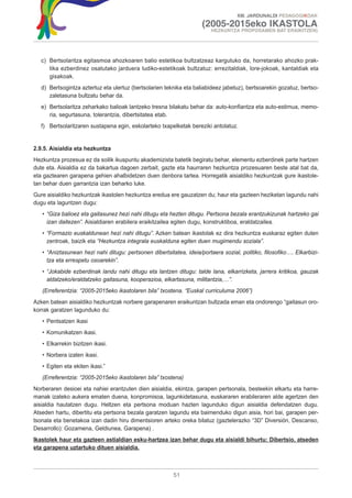 XIII. JARDUNALDI PEDAGOGIKOAK

                                                                     (2005-2015eko IKASTOLA
                                                                         HEZKUNTZA PROPOSAMEN BAT ERAIKITZEN)




   c) Bertsolaritza egitasmoa ahozkoaren balio estetikoa bultzatzeaz kargutuko da, horretarako ahozko prak-
      tika ezberdinez osatutako jarduera ludiko-estetikoak bultzatuz: errezitaldiak, lore-jokoak, kantaldiak eta
      gisakoak.
   d) Bertsogintza aztertuz eta ulertuz (bertsolarien teknika eta baliabideez jabetuz), bertsoarekin gozatuz, bertso-
      zaletasuna bultzatu behar da.
   e) Bertsolaritza zeharkako balioak lantzeko tresna bilakatu behar da: auto-konfiantza eta auto-estimua, memo-
      ria, segurtasuna, tolerantzia, dibertsitatea etab.
   f) Bertsolaritzaren sustapena egin, eskolarteko txapelketak bereziki antolatuz.


2.9.5. Aisialdia eta hezkuntza
Hezkuntza prozesua ez da soilik ikuspuntu akademizista batetik begiratu behar, elementu ezberdinek parte hartzen
dute eta. Aisialdia ez da bakartua dagoen zerbait, gazte eta haurraren hezkuntza prozesuaren beste atal bat da,
eta gaztearen garapena gehien ahalbidetzen duen denbora tartea. Horregatik aisialdiko hezkuntzak gure ikastole-
tan behar duen garrantzia izan beharko luke.
Gure aisialdiko hezkuntzak ikastolen hezkuntza eredua ere gauzatzen du; haur eta gazteen heziketan lagundu nahi
dugu eta laguntzen dugu:
   • “Giza balioez eta gaitasunez hezi nahi ditugu eta hezten ditugu. Pertsona bezala erantzukizunak hartzeko gai
     izan daitezen”. Aisialdiaren erabilera eraikitzailea egiten dugu, konstruktiboa, eraldatzailea.
   • “Formazio euskaldunean hezi nahi ditugu”. Azken batean ikastolak ez dira hezkuntza euskaraz egiten duten
     zentroak, baizik eta “Hezkuntza integrala euskalduna egiten duen mugimendu soziala”.
   • “Aniztasunean hezi nahi ditugu: pertsonen dibertsitatea, ideia/portaera sozial, politiko, filosofiko…. Elkarbizi-
     tza eta errespetu osoarekin”.
   • “Jokabide ezberdinak landu nahi ditugu eta lantzen ditugu: talde lana, elkarrizketa, jarrera kritikoa, gauzak
     aldatzeko/eraldatzeko gaitasuna, kooperazioa, elkartasuna, militantzia,…”.
   (Erreferentzia: “2005-2015eko ikastolaren bila” txostena. “Euskal curriculuma 2006”)
Azken batean aisialdiko hezkuntzak norbere garapenaren eraikuntzan bultzada eman eta ondorengo “gaitasun oro-
korrak garatzen lagunduko du:
   • Pentsatzen ikasi
   • Komunikatzen ikasi.
   • Elkarrekin bizitzen ikasi.
   • Norbera izaten ikasi.
   • Egiten eta ekiten ikasi.”
   (Erreferentzia: “2005-2015eko ikastolaren bila” txostena)
Norberaren desioei eta nahiei erantzuten dien aisialdia, ekintza, garapen pertsonala, besteekin elkartu eta harre-
manak izateko aukera ematen duena, konpromisoa, lagunkidetasuna, euskararen erabileraren alde agertzen den
aisialdia hautatzen dugu. Heltzen eta pertsona moduan hazten lagunduko digun aisialdia defendatzen dugu.
Atseden hartu, dibertitu eta pertsona bezala garatzen lagundu eta baimenduko digun aisia, hori bai, garapen per-
tsonala eta benetakoa izan dadin hiru dimentsioren arteko oreka bilatuz (gaztelerazko “3D” Diversión, Descanso,
Desarrollo): Gozamena, Geldiunea, Garapena) .
Ikastolek haur eta gazteen astialdian esku-hartzea izan behar dugu eta aisialdi bihurtu: Dibertsio, atseden
eta garapena uztartuko dituen aisialdia.



                                                         51
 