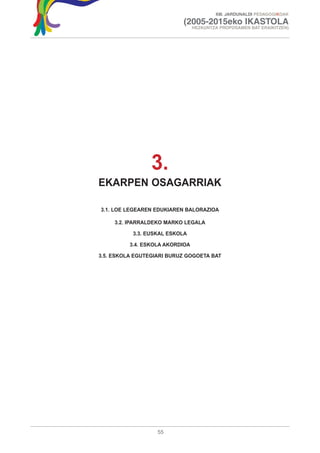 XIII. JARDUNALDI PEDAGOGIKOAK

                           (2005-2015eko IKASTOLA
                                 HEZKUNTZA PROPOSAMEN BAT ERAIKITZEN)




                 3.
EKARPEN OSAGARRIAK

3.1. LOE LEGEAREN EDUKIAREN BALORAZIOA

     3.2. IPARRALDEKO MARKO LEGALA

           3.3. EUSKAL ESKOLA

          3.4. ESKOLA AKORDIOA

3.5. ESKOLA EGUTEGIARI BURUZ GOGOETA BAT




                   55
 