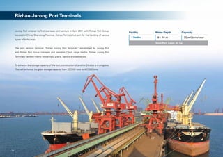 Rizhao Jurong Port Terminals


     Jurong Port entered its first overseas joint venture in April 2011 with Rizhao Port Group.
                                                                                                     Facility     Water Depth          Capacity
     Located in China, Shandong Province, Rizhao Port is a hub port for the handling of various
                                                                                                       7 Berths    8 – 16 m                20 mil tons/year
     types of bulk cargo.
                                                                                                                  Total Port Land: 42 ha
     The joint venture terminal “Rizhao Jurong Port Terminals” established by Jurong Port
     and Rizhao Port Group manages and operates 7 bulk cargo berths. Rizhao Jurong Port
     Terminals handles mainly woodchips, grains, tapioca and edible oils.


     To enhance the storage capacity of the port, construction of another 24 silos is in progress.
     This will enhance the grain storage capacity from 227,000 tons to 467,000 tons.




10
 