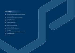 CONTENTS


01 | A Leading International Multi-purpose Port Operator 	
0 3 | Award-winning Port
0 4 | Comprehensive Cargo Handling Capabilities
0 6 | Bulk Cargo Handling
0 7 | Container Cargo Handling
0 8 | Offshore Marine Centre
0 9 | Lighter Terminals
10 | Rizhao Jurong Port Terminals
11 | SDIC Jurong Yangpu Port
1 2 | Leveraging Infocomm Technologies
1 4 | Our People
1 5 | Commitment to Safety, Security & the Environment
1 6 | Awards & Accolades
17 | Mission & Core Values
 