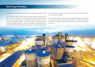 Bulk Cargo Handling


    Jurong Port’s bulk cargo berths handle cement, sugar, as well as other dry and liquid cargo.   This translates into faster vessel turnaround, increase in shipment deliveries and cost
                                                                                                   savings on stevedoring charges.
    One of the world’s largest dedicated common-user cement facility is located within our
    port, where more than 90% of cement throughput into Singapore is processed. The                Other non-cement cargoes like copper slag, furnace slag and limestone can also be handled
    cement berths are equipped with a comprehensive network of conveyors, including                using specialised unloading cranes. The liquid bulk berths are equipped with pipelines to
    common and dedicated unloaders, to ensure non-pollutive and efficient handling of              move liquid cargoes such as lubricating oils to and from our customers’ facilities located
    cement. With unloaders operating at a maximum rated capacity of 800 tonnes per hour,           near the port.
    bulk cement is speedily discharged from vessels directly to customers’ storage facilities.




6
 