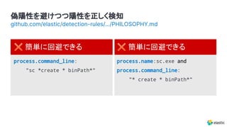 ✖ 簡単に回避できる ✖ 簡単に回避できる
process.command_line:
"sc *create * binPath*"
process.name:sc.exe and
process.command_line:
"* create * binPath*"
偽陽性を避けつつ陽性を正しく検知
github.com/elastic/detection-rules/.../PHILOSOPHY.md
 