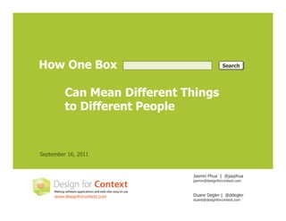 How One Box                                     Search




         Can Mean Different Things
         to Different People


September 16, 2011


                                Jasmin Phua | @jasphua
                                jasmin@designforcontext.com



     www.designforcontext.com   Duane Degler | @ddegler
                                duane@designforcontext.com
 