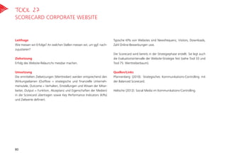 Leitfrage
Wie messen wir Erfolge? An welchen Stellen messen wir, um ggf. nach-
zujustieren?
Zielsetzung
Erfolg des Website-Relaunchs messbar machen.
Umsetzung
Die ermittelten Zielsetzungen (Werttreiber) werden entsprechend den
Wirkungsebenen (Outflow = strategische und finanzielle Unterneh-
mensziele, Outcome = Verhalten, Einstellungen und Wissen der Mitar-
beiter, Output = Funktion, Akzeptanz und Eigenschaften der Medien)
in die Scorecard übertragen sowie Key Performance Indicators (KPIs)
und Zielwerte definiert.
Typische KPIs von Websites sind Newsfrequenz, Visitors, Downloads,
Zahl Online-Bewerbungen usw.
Die Scorecard wird bereits in der Strategiephase erstellt. Sie legt auch
die Evaluationsintervalle der Website-Strategie fest (siehe Tool 33 und
Tool 75: Werttreiberbaum).
Quellen/Links
Pfannenberg (2010): Strategisches Kommunikations-Controlling mit
der Balanced Scorecard.
Heltsche (2012): Social Media im Kommunikations-Controlling.
Tool 27
Scorecard Corporate Website
80
 