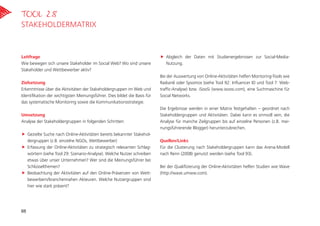 Leitfrage
Wie bewegen sich unsere Stakeholder im Social Web? Wo sind unsere
Stakeholder und Wettbewerber aktiv?
Zielsetzung
Erkenntnisse über die Aktivitäten der Stakeholdergruppen im Web und
Identifikation der wichtigsten Meinungsführer. Dies bildet die Basis für
das systematische Monitoring sowie die Kommunikationsstrategie.
Umsetzung
Analyse der Stakeholdergruppen in folgenden Schritten:
„„ Gezielte Suche nach Online-Aktivitäten bereits bekannter Stakehol-
dergruppen (z.B. einzelne NGOs, Wettbewerber)
„„ Erfassung der Online-Aktivitäten zu strategisch relevanten Schlag-
wörtern (siehe Tool 29: Szenario-Analyse). Welche Nutzer schreiben
etwas über unser Unternehmen? Wer sind die Meinungsführer bei
Schlüsselthemen?
„„ Beobachtung der Aktivitäten auf den Online-Präsenzen von Wett-
bewerbern/branchennahen Akteuren. Welche Nutzergruppen sind
hier wie stark präsent?
„„ Abgleich der Daten mit Studienergebnissen zur Social-Media­
Nutzung.
Bei der Auswertung von Online-Aktivitäten helfen Montoring-Tools wie
Radian6 oder Sysomos (siehe Tool 92: Influencer ID und Tool 7: Web-
traffic-Analyse) bzw. iSooSi (www.isoosi.com), eine Suchmaschine für
Social Networks.
Die Ergebnisse werden in einer Matrix festgehalten – geordnet nach
Stakeholdergruppen und Aktivitäten. Dabei kann es sinnvoll sein, die
Analyse für manche Zielgruppen bis auf einzelne Personen (z.B. mei-
nungsführerende Blogger) herunterzubrechen.
Quellen/Links
Für die Clusterung nach Stakeholdergruppen kann das Arena-Modell
nach Renn (2008) genutzt werden (siehe Tool 93).
Bei der Qualifizierung der Online-Aktivitäten helfen Studien wie Wave
(http://wave.umww.com).
Tool 28
Stakeholdermatrix
88
 