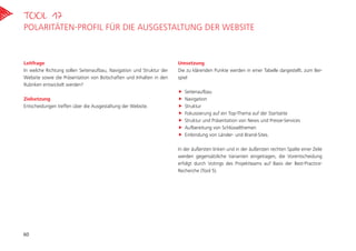 Leitfrage
In welche Richtung sollen Seitenaufbau, Navigation und Struktur der
Website sowie die Präsentation von Botschaften und Inhalten in den
Rubriken entwickelt werden?
Zielsetzung
Entscheidungen treffen über die Ausgestaltung der Website.
Umsetzung
Die zu klärenden Punkte werden in einer Tabelle dargestellt, zum Bei-
spiel
„„ Seitenaufbau
„„ Navigation
„„ Struktur
„„ Fokussierung auf ein Top-Thema auf der Startseite
„„ Struktur und Präsentation von News und Presse-Services
„„ Aufbereitung von Schlüsselthemen
„„ Einbindung von Länder- und Brand-Sites.
In der äußersten linken und in der äußersten rechten Spalte einer Zeile
werden gegensätzliche Varianten eingetragen, die Vorentscheidung
erfolgt durch Votings des Projektteams auf Basis der Best-Practice-­
Recherche (Tool 5).
Tool 17
Polaritäten-Profil für die Ausgestaltung der Website
60
 